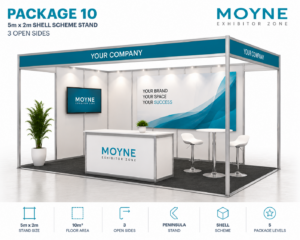 Package 10 – 5m x 2m Shell Scheme Stand – 3 Open Sides