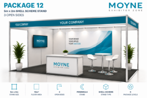 Package 12 – 5m x 2m Shell Scheme Stand – 3 Open Sides