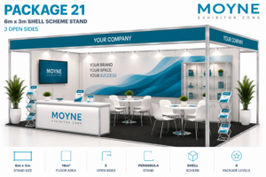 Package 21 – 6m x 3m Shell Scheme Stand – 3 Open Sides