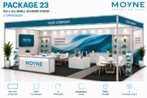 Package 23 – 6m x 4m Shell Scheme Stand – 3 Open Sides